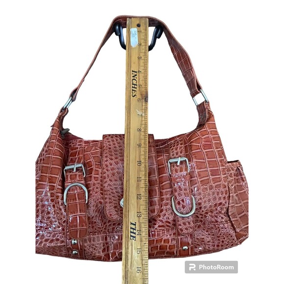 Orange Alligator Embossed Hobo Shoulder Bag Handbag Pockets Glossy Patent Finish - Picture 11 of 16